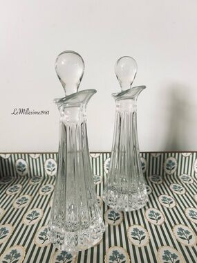Vintage Clear Cut Crystal Cruet Decanter Set with Stoppers Elegant Fluted Glass